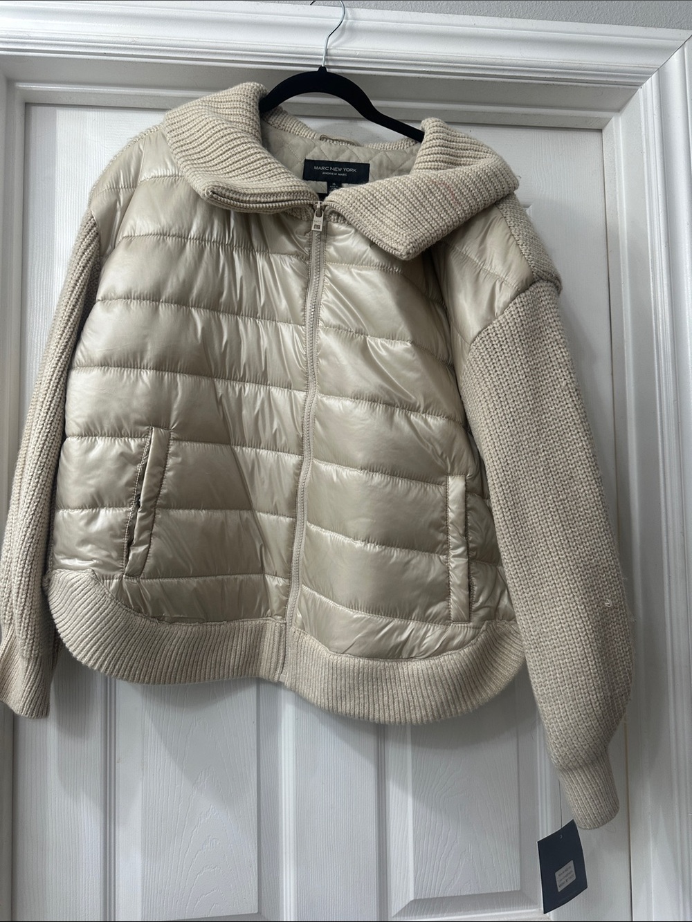 Eileen Fisher Cream Quilted & Knit Hybrid Puffer Jacket